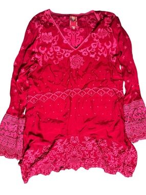 Johnny Was Embroidered V-Neck Women's Tunic Top - Hot Pink